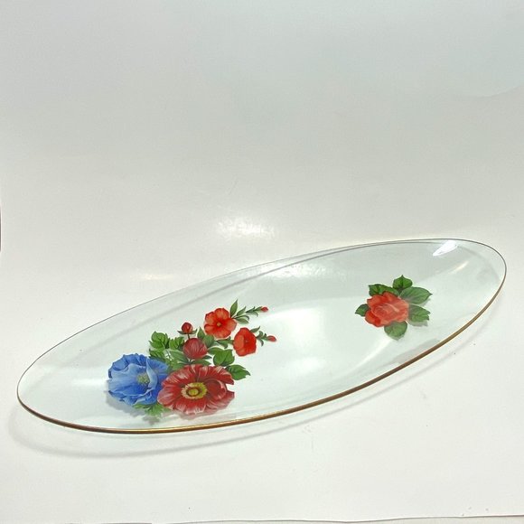 Vintage Long Oval Clear Glass Dish Serving Plate with Flower Decals Gold Trim - Picture 1 of 4
